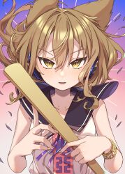 Rule 34 | 1girl, absurdres, blush, e sdss, fingernails, headphones, highres, holding, light brown hair, looking at viewer, open mouth, pointy hair, ritual baton, shirt, short hair, sleeveless, sleeveless shirt, smile, solo, touhou, toyosatomimi no miko, upper body, yellow eyes
