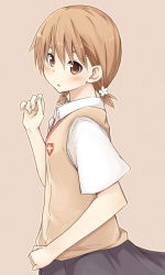 Rule 34 | 1girl, alternate hairstyle, brown eyes, brown hair, misaka mikoto, mukunoki nanatsu, nanatsu, school uniform, solo, toaru kagaku no railgun, toaru majutsu no index, uniform