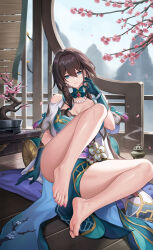 Rule 34 | 1girl, absurdres, bare legs, bare shoulders, barefoot, breasts, brown dress, brown hair, cherry blossoms, cleavage, detached collar, dress, elbow gloves, feet, gloves, gold trim, green dress, green eyes, green gloves, hair ornament, highres, honkai: star rail, honkai (series), incense burner, jewelry, kacyu, large breasts, legs, long hair, looking at viewer, nail polish, necklace, pearl necklace, pelvic curtain, ponytail, ruan mei (honkai: star rail), sidelocks, sitting, soles, solo, toenail polish, toenails, toes, two-tone dress, variant set