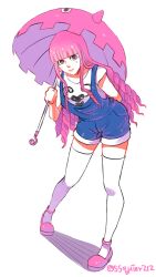 Rule 34 | 1girl, arm behind back, blunt bangs, drill hair, from above, highres, holding, holding umbrella, jugent90, looking at viewer, one piece, perona, pink footwear, pink hair, shirt, sidelocks, simple background, smile, solo, thighhighs, umbrella, white background, white shirt, white thighhighs