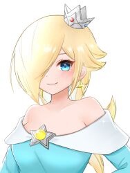 Rule 34 | 1girl, aqua dress, bare shoulders, blonde hair, blue eyes, blush, breasts, cleavage, closed mouth, collarbone, commentary, dress, eyelashes, frilled sleeves, frills, gem, glint, hair over one eye, hand on own hip, highres, large breasts, long hair, long sleeves, looking at viewer, mario (series), nintendo, off-shoulder dress, off shoulder, one eye covered, parted bangs, rosalina, sidelocks, simple background, smile, solo, star (symbol), super mario galaxy, swept bangs, tomatomiya, upper body, white background, yellow gemstone