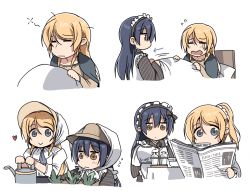 Rule 34 | 10s, 2girls, ayase eli, blonde hair, clipe, closed eyes, heart, long hair, love live!, love live! school idol project, maid, multiple girls, newspaper, open mouth, simple background, sonoda umi, white background