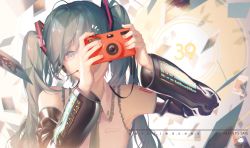 Rule 34 | 1girl, ahoge, aiming, aiming at viewer, arms up, artist name, bare shoulders, black sleeves, camera, collared shirt, commentary request, detached sleeves, frilled shirt, frilled shirt collar, frills, green eyes, green hair, hair ornament, hatsune miku, headset, highres, holding, holding camera, long hair, long sleeves, photo (object), shirt, sleeveless, sleeveless shirt, solo, spencer sais, twintails, upper body, vocaloid, white shirt