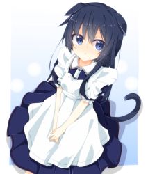 Rule 34 | 10s, 1girl, akatsuki (kancolle), alternate costume, animal ears, apron, blue background, blue dress, blue eyes, blue hair, blush, border, buttons, cat ears, cat tail, collar, dress, dutch angle, ears down, frilled sleeves, frills, frown, gradient background, hair between eyes, kantai collection, kemonomimi mode, long hair, maid, maid apron, maid headdress, matching hair/eyes, nose blush, pleated dress, rateratte, short sleeves, simple background, solo, standing, tail, v arms, white border
