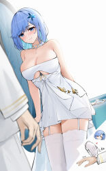 Rule 34 | 1boy, 1girl, absurdres, arm behind back, azur lane, bare shoulders, blue eyes, blue hair, blush, breast cutout, breasts, chapayev (azur lane), chapayev (melody of the white cavalier) (azur lane), cleavage, closed mouth, clothing cutout, commander (azur lane), cuffed, cuffs, dress, flower, garter straps, hair flower, hair ornament, handcuffs, heart, highres, large breasts, military uniform, official alternate costume, qing wu, sleeveless, sleeveless dress, smile, sparkle, sweat, thighhighs, underboob cutout, uniform, white dress, white garter straps, white thighhighs
