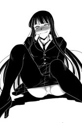 Rule 34 | 1girl, amano issui, black hair, blush, clothes pull, female protagonist (houkago play), greyscale, high heels, houkago play, long hair, monochrome, panties, pantyhose, pantyhose pull, school uniform, shoes, solo, spread legs, underwear, very long hair