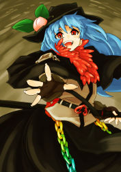 Rule 34 | 1girl, alternate costume, bad id, bad pixiv id, belt, black gloves, blue hair, chain, eyebrows, female focus, fingerless gloves, food, fruit, gloves, hat, highres, hinanawi tenshi, leaf, long hair, open mouth, outstretched arm, peach, red eyes, scabbard, sheath, sheathed, short eyebrows, smile, solo, sonjow4, sword, touhou, weapon