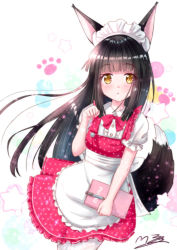 Rule 34 | 1girl, alternate costume, animal ears, apron, azur lane, black hair, blunt bangs, collarbone, commentary request, enmaided, fox ears, fox girl, fox tail, holding, long hair, looking at viewer, m ko (maxft2), maid, maid apron, maid headdress, menu, nagato (azur lane), parted lips, paw pose, pen, sidelocks, signature, solo, tail, yellow eyes