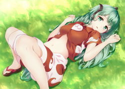 Rule 34 | 1girl, animal ears, breasts, cloud print, collared shirt, grass, green eyes, green hair, horns, knees up, komano aunn, looking at viewer, lying, midriff, minku (nico seiga), navel, on back, on grass, outdoors, red shirt, sandals, shirt, short hair, shorts, single horn, small breasts, solo, tareme, touhou, white shorts, wing collar