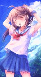 Rule 34 | 1girl, arms behind head, arms up, blue sailor collar, blue skirt, blue sky, blush, brown hair, closed eyes, closed mouth, cloud, commentary request, day, hair tie, hair tie in mouth, highres, ittokyu, mouth hold, neckerchief, original, outdoors, pleated skirt, ponytail, red neckerchief, sailor collar, school uniform, serafuku, shirt, short sleeves, signature, skirt, sky, tying hair, white shirt