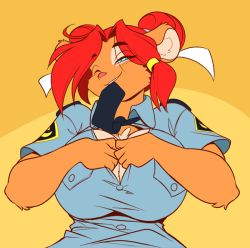 Rule 34 | ambar, animated, animated gif, blue eyes, breasts, chalo, furry, large breasts, red hair, smile, tagme, undressing, uniform