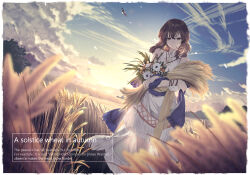 Rule 34 | 1girl, backlighting, bird, blurry, blurry foreground, brown eyes, brown hair, closed mouth, cloud, commentary, dress, eagle, english text, flower, highres, holding, holding wheat, long hair, looking at viewer, original, outdoors, solo, tena (tenor 07209), wheat, wheat field, white dress, white flower