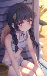 Rule 34 | 1girl, absurdres, ahoge, beach house, bikini, bird, black hair, blue archive, blunt bangs, braid, collarbone, commentary request, crying, crying with eyes open, frown, halo, hat, hat on back, highres, leaf, leaf on head, leaning forward, long hair, looking at viewer, low twin braids, low twintails, miyu (blue archive), miyu (swimsuit) (blue archive), monmo mu, navel, neck ribbon, official alternate costume, official alternate hairstyle, outdoors, print bikini, red eyes, ribbon, seagull, shade, sidelocks, sitting, sleeveless, solo, stomach, straw hat, swimsuit, tearing up, tears, twin braids, twintails, white bikini