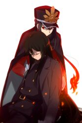 Rule 34 | 1boy, 1girl, belt, black cape, black hair, black hat, black jacket, black pants, breasts, brother and sister, buttons, cape, echo (circa), fate/grand order, fate (series), fiery hair, gloves, gun, hat, jacket, koha-ace, long hair, long sleeves, oda nobukatsu (fate), oda nobunaga (fate), oda uri, pants, peaked cap, ponytail, red eyes, red jacket, rifle, siblings, sidelocks, small breasts, solo, very long hair, weapon, white gloves