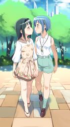 Rule 34 | 2girls, absurdres, akemi homura, bare shoulders, black hair, blue eyes, blue hair, blue shorts, blush, breasts, closed mouth, dress, female focus, full body, gloamy, hair ornament, hairband, hairclip, highres, holding hands, imminent kiss, jewelry, long hair, looking at another, mahou shoujo madoka magica, mahou shoujo madoka magica (anime), miki sayaka, multiple girls, necklace, outdoors, purple eyes, short hair, shorts, small breasts, smile, yuri