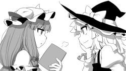 Rule 34 | 2girls, blush, book, bow, braid, closing book, crescent, female focus, greyscale, hair bow, hat, head rest, kirisame marisa, long hair, looking at another, monochrome, multiple girls, open mouth, patchouli knowledge, simple background, smile, touhou, ume (noraneko), upper body, white background, witch hat, yellow eyes
