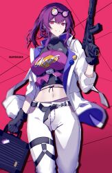 Rule 34 | 1girl, absurdres, alternate costume, black gloves, breasts, clothes writing, commentary, commission, cowboy shot, crop top, english commentary, eyewear on head, gloves, grin, gun, highres, holding, holding gun, holding weapon, honkai: star rail, honkai (series), jacket, kafka (honkai: star rail), large breasts, long sleeves, looking at viewer, midriff, navel, open clothes, open jacket, pants, ponytail, purple eyes, purple hair, skeb commission, smile, solo, sparks summer, standing, stomach, sunglasses, thigh strap, weapon, white jacket, white pants