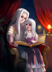 Rule 34 | 2girls, :d, age difference, barefoot, book, capelet, chair, curtains, fate/stay night, fate/zero, fate (series), illyasviel von einzbern, irisviel von einzbern, irisviel von einzbern (angel&#039;s song), lamp, long hair, mother and daughter, multiple girls, open book, open mouth, reading, red eyes, silver hair, sitting, sitting on lap, sitting on person, smile, yunohara konomi