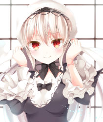 Rule 34 | 1girl, aibumi, bad id, bad pixiv id, black dress, bonnet, bow, doll joints, dress, gothic lolita, joints, lolita fashion, long sleeves, pen-zin, red eyes, rozen maiden, silver hair, smile, solo, suigintou, upper body, wide sleeves
