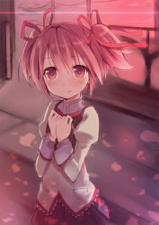 Rule 34 | 10s, 1girl, bad id, bad pixiv id, blush, gift, hair ribbon, kaname madoka, kyuri, looking at viewer, mahou shoujo madoka magica, mahou shoujo madoka magica (anime), hugging object, pink eyes, pink hair, pleated skirt, ribbon, school uniform, short twintails, skirt, smile, solo, twintails