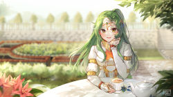 Rule 34 | 1girl, :d, arm guards, blue flower, blurry, blurry background, breasts, brown eyes, commentary, commission, cup, dated, day, depth of field, dress, elincia ridell crimea, english commentary, fire emblem, fire emblem: path of radiance, fire emblem: radiant dawn, flower, green hair, headpiece, highres, juliet sleeves, kobutanori, long hair, long sleeves, looking at viewer, nintendo, open mouth, outdoors, petals, ponytail, puffy sleeves, red flower, saucer, signature, small breasts, smile, solo, table, tea, teacup, teapot, upper body, white dress
