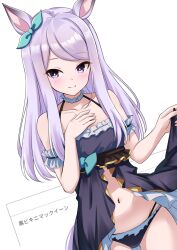 Rule 34 | 1girl, absurdres, alternate costume, blush, breasts, closed mouth, clothes lift, collarbone, commentary request, hand on own chest, herohero (higashi no dou), highres, long hair, looking at viewer, mejiro mcqueen (umamusume), navel, panties, purple eyes, purple hair, ribbon, simple background, skirt, skirt lift, small breasts, smile, solo, translation request, umamusume, underwear, white background