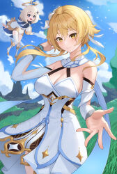 Rule 34 | 2girls, :d, absurdres, bare shoulders, blonde hair, blue sky, breasts, cleavage, closed mouth, cloud, cowboy shot, day, detached sleeves, dress, feather hair ornament, feathers, floating, floating hair, full body, genshin impact, grass, hair ornament, highres, long sleeves, looking at viewer, lumine (genshin impact), medium breasts, multiple girls, open mouth, outdoors, outstretched hand, paimon (genshin impact), scarf, short hair with long locks, sidelocks, single thighhigh, sky, sleeveless, sleeveless dress, smile, taejoo lee, thighhighs, white dress, white hair, white scarf, white sleeves, white thighhighs, wind, yellow eyes