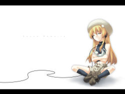 Rule 34 | 1boy, akakage red, androgynous, bare shoulders, blonde hair, butterfly sitting, cat, closed eyes, halterneck, hat, headphones, hellsinker, highres, letterboxed, lost property 771, male focus, midriff, minogame, minogame (hellsinker), navel, open clothes, other focus, red (artist), shorts, sitting, smile, solo, tank top, unbuttoned, wallpaper