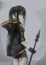 Rule 34 | 1girl, bag, black hair, black jacket, black shorts, brown eyes, brown hair, closed mouth, fixro2n, gradient hair, highres, holding, holding polearm, holding spear, holding weapon, hood, hood down, hooded jacket, jacket, long hair, looking at viewer, looking to the side, multicolored hair, open clothes, open jacket, original, parted bangs, polearm, ponytail, shaded face, short shorts, short sleeves, shorts, shoulder bag, sidelocks, solo, spear, weapon