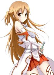 Rule 34 | 10s, 1girl, asuna (sao), brown eyes, brown hair, detached sleeves, iray, long hair, looking at viewer, simple background, skirt, smile, solo, sword, sword art online, thighhighs, weapon, white background