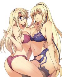 Rule 34 | 2girls, :o, alexadrufcs, aoi cassandra, ass, back, bare shoulders, blonde hair, blue bra, blue eyes, blue panties, blush, bow, bow panties, bra, breast press, breasts, brown legwear, cleavage, collarbone, commentary request, freezing (series), garter belt, glasses, hairband, hand on another&#039;s shoulder, hand up, kim kwang hyun, large breasts, lingerie, lips, lipstick, long hair, looking at viewer, makeup, midriff, multiple girls, navel, open mouth, panties, ponytail, red bra, red panties, ribbon, satellizer el bridget, semi-rimless eyewear, standing, symmetrical docking, thighhighs, third-party edit, transparent background, under-rim eyewear, underwear, underwear only, very long hair, yellow eyes