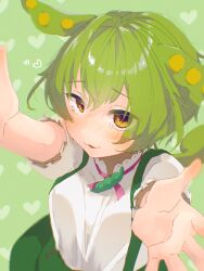 Rule 34 | 1girl, :3, blurry, blush, bob cut, breasts, commentary, depth of field, frilled shirt collar, frills, from above, green background, green hair, green shorts, green suspenders, green tail, heart, heart background, highres, kuroi kuro, looking at viewer, medium breasts, neck ribbon, pea pod, pink ribbon, puffy short sleeves, puffy sleeves, raised eyebrows, reaching, reaching towards viewer, ribbon, shirt, shirt tucked in, short hair, short sleeves, shorts, suspender shorts, suspenders, tail, tearing up, voiceroid, voicevox, white shirt, yellow eyes, zundamon
