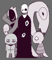 Rule 34 | 1boy, androgynous, gaster follower 1, gaster follower 2, gaster follower 3, goner kid, mamaito, monochrome, monster, monster kid (undertale), multiple persona, shirt, simple background, spoilers, striped clothes, striped shirt, undertale, w.d. gaster