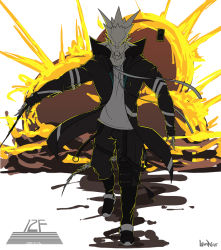 Rule 34 | 12f (arknights), 1boy, arknights, artist name, black jacket, black pants, black sclera, cellphone, character name, colored sclera, commentary, english commentary, explosion, jacket, leinnar, lizard, long sleeves, looking at viewer, pants, phone, shirt, shoes, solo, standing, t-shirt, tail, wand, white shirt, yellow eyes