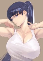 Rule 34 | 1girl, armpits, bare shoulders, blue eyes, blue hair, blunt bangs, breasts, brown background, cleavage, closed mouth, collarbone, commentary request, ebino mei, hair behind ear, hands up, hatsukoi zombie, high ponytail, highres, large breasts, long hair, looking at viewer, shimotsuki eight, signature, simple background, solo, tank top, thick eyebrows, upper body, very long hair, white tank top