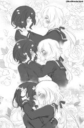 Rule 34 | 2girls, absurdres, blazer, blush, box wonderland, closed eyes, commentary, couple, eye contact, floral background, flower, from side, greyscale, hair flower, hair ornament, hair ribbon, hand in another&#039;s hair, hand on another&#039;s back, hand on another&#039;s head, highres, jacket, kiss, konno junko, looking at another, low twintails, mizuno ai, monochrome, multiple girls, parted lips, petals, profile, ribbon, rose, rose petals, school uniform, serafuku, short hair, sketch, tears, twintails, twitter username, wavy hair, yuri, zombie land saga