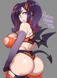 Rule 34 | 1girl, 2020, agawa ryou, artist name, ass, black thighhighs, breasts, commentary, curvy, dated, demon tail, demon wings, from behind, grey background, grin, huge ass, huge breasts, looking back, nipples, orange thighhighs, original, purple eyes, purple hair, signature, simple background, smile, solo, tail, thick thighs, thighhighs, thighs, torn clothes, torn thighhighs, wings