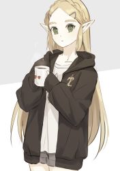 Rule 34 | 1girl, alternate costume, blonde hair, blouse, braid, coffee cup, collarbone, commentary request, contemporary, cowboy shot, cup, disposable cup, green eyes, grey background, grey shorts, hair ornament, hairclip, highres, holding, hood, hood down, hooded jacket, jacket, long hair, long sleeves, looking at viewer, nintendo, parted bangs, parted lips, pointy ears, princess zelda, shirt, shorts, sketch, sleeves past wrists, solo, steam, tete tuyuten, the legend of zelda, the legend of zelda: breath of the wild, two-tone background, white background, white shirt