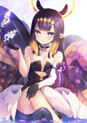 Rule 34 | 1girl, asymmetrical gloves, bare shoulders, black dress, black gloves, blunt bangs, blush, breasts, cleavage, closed mouth, dress, elbow gloves, flower, fur-trimmed collar, fur trim, gloves, halo, highres, hololive, hololive english, lips, long hair, looking at viewer, low wings, mole, mole under eye, multicolored hair, ninomae ina&#039;nis, ninomae ina&#039;nis (1st costume), orange hair, pilokey, pointy ears, purple eyes, purple hair, short dress, single elbow glove, single thighhigh, sitting, small breasts, smile, solo, tentacle hair, tentacles, thighhighs, uneven gloves, very long hair, virtual youtuber, white thighhighs, wings