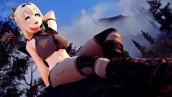Rule 34 | 1girl, 3d, alternate costume, aqua eyes, archery, arrow (projectile), artist request, blonde hair, boots, bow (weapon), breasts, cloud, cloudy sky, forest, highres, hololive, kazama iroha, large breasts, nature, open mouth, sky, smile, thighhighs, virtual youtuber, weapon