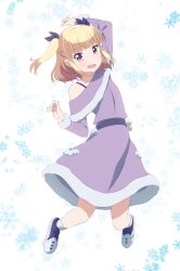 Rule 34 | 1girl, :d, arm up, blonde hair, blue ribbon, blush, collarbone, dress, full body, fur trim, hair ribbon, highres, iijima yun, jumping, new game!, open mouth, purple dress, red eyes, ribbon, smile, snowflakes, solo, twintails, two side up, white background