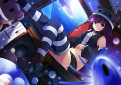 Rule 34 | 1girl, bad id, bad pixiv id, collar, detached sleeves, dutch angle, female focus, hat, indoors, lens flare, midriff, mizutuki, purple eyes, purple hair, short hair, shorts, sitting, smile, solo, striped clothes, striped thighhighs, thighhighs
