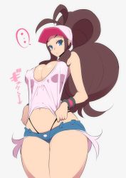 Rule 34 | ..., 1girl, bare shoulders, baseball cap, blue eyes, breasts, brown hair, cleavage, clothes pull, creatures (company), denim, denim shorts, game freak, hat, highres, hilda (pokemon), large breasts, long hair, looking to the side, micro shorts, midriff, nac000, navel, nintendo, pokemon, pokemon bw, shirt, shirt pull, shorts, simple background, sitting, solo, stomach, tank top, thick thighs, thighs, thong, very long hair, white background, white shirt