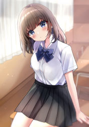 Rule 34 | 1girl, arm support, bad id, bad pixiv id, black skirt, blue bow, blue eyes, blurry, blurry background, blush, bow, breasts, brown hair, chair, closed mouth, collared shirt, commentary request, curtains, depth of field, desk, dress shirt, head tilt, highres, indoors, long hair, minami saki, on desk, original, pleated skirt, school chair, school desk, shirt, short sleeves, sitting, on desk, skirt, small breasts, solo, white shirt