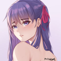 Rule 34 | 1girl, artist name, commission, fate/stay night, fate (series), hair ribbon, long hair, looking at viewer, looking back, matou sakura, nude, portrait, purple background, purple eyes, purple hair, red ribbon, ribbon, simple background, solo, upper body, washout008