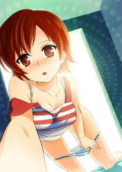 Rule 34 | 1girl, bad id, bad pixiv id, blush, bra strap, brown eyes, face, foreshortening, original, panties, panty pull, red hair, short hair, solo, striped clothes, striped panties, underwear, undressing, zpolice