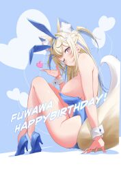 Rule 34 | 1girl, absurdres, animal ear fluff, animal ears, blonde hair, blue hair, breasts, character name, dog ears, dog girl, fake animal ears, fuwamoco, fuwawa abyssgard, hair ornament, happy birthday, hashiguchi hayato, highres, hololive, hololive english, large breasts, leotard, long hair, looking at viewer, multicolored hair, one eye closed, pink eyes, playboy bunny, rabbit ears, solo, strapless, strapless leotard, streaked hair, tail, virtual youtuber, wrist cuffs