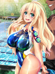 Rule 34 | 1boy, 1girl, anchor symbol, atago (kancolle), blonde hair, blue one-piece swimsuit, blue sky, breasts, chain-link fence, cloud, commentary request, competition swimsuit, cowboy shot, day, fence, green eyes, highres, kantai collection, large breasts, long hair, looking at viewer, militia minpei, naughty face, one-piece swimsuit, open mouth, outdoors, pool, sky, swimsuit, translation request