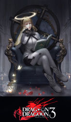 Rule 34 | 1girl, artist request, blonde hair, book, bowl, bug, butterfly, cangkong, capelet, cross, drag-on dragoon, drag-on dragoon 3, gauntlets, glass, glowing, hairband, half-closed eyes, halo, highres, bug, crossed legs, magic circle, one (drag-on dragoon), petals, red eyes, short hair, sitting, terrarium, thighhighs, throne