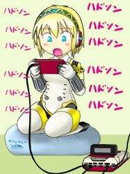 Rule 34 | 1girl, aegis (persona), android, atlus, bad id, bad pixiv id, blonde hair, blue eyes, console, famicom, game console, nintendo, open mouth, persona, persona 3, playing games, seiza, short hair, sitting, solo, tanaka rikimaru, video game